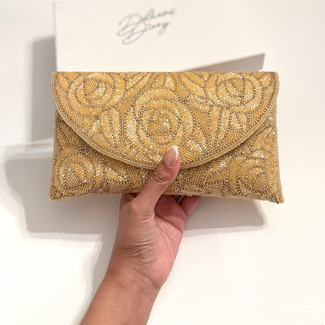 Handmade Gold Beaded Bridal Clutch: Floral Evening Bag