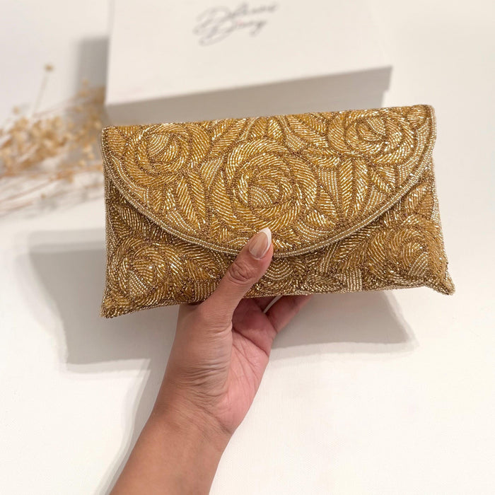 Gold Beaded Envelope Clutch