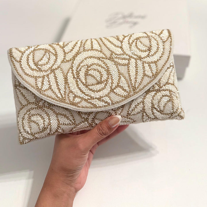 Handmade Beaded Bridal Clutch: Ivory White Evening Purse
