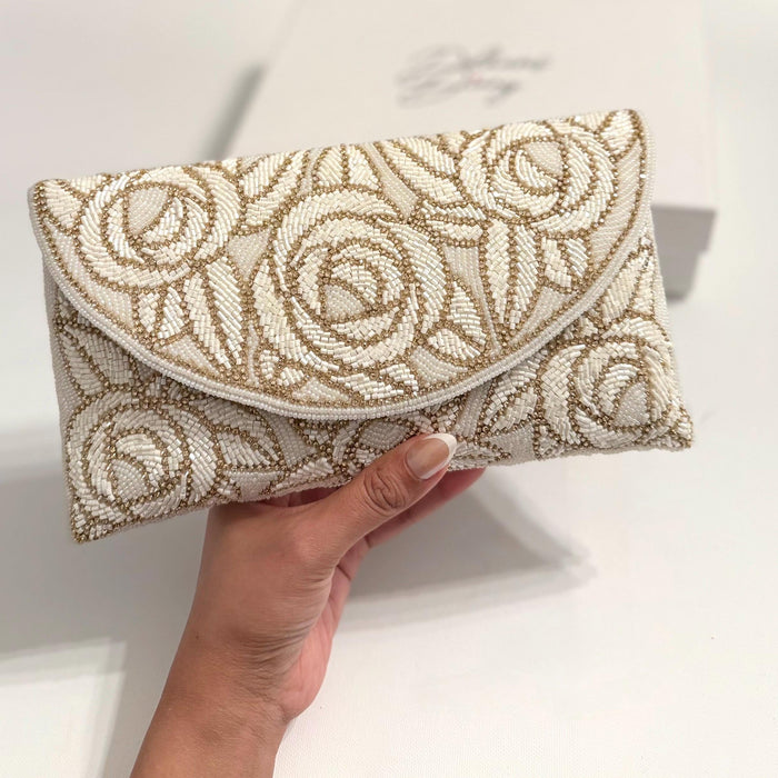 Handmade Beaded Bridal Clutch: Ivory White Evening Purse