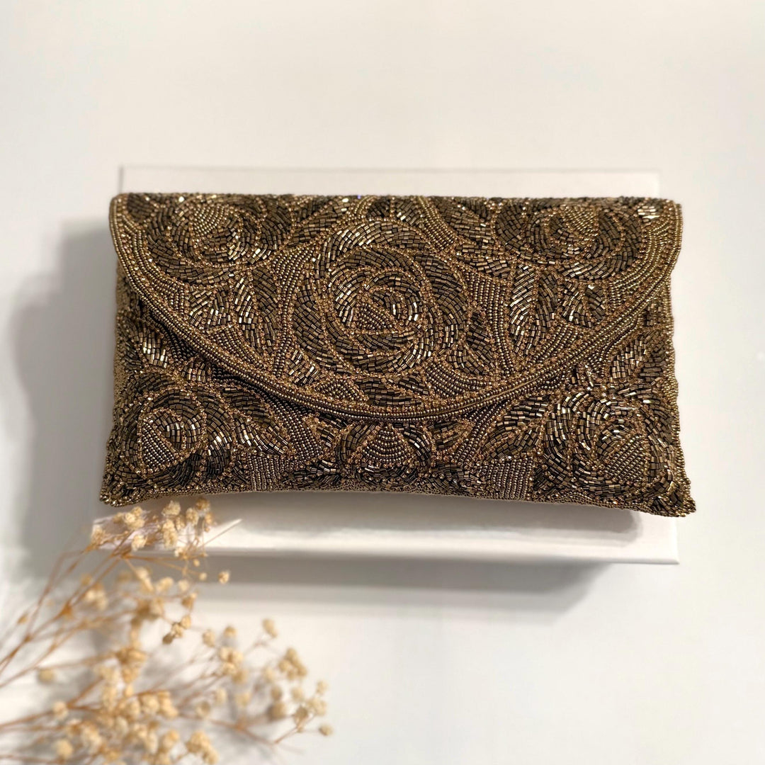 Handmade Antique Bronze Beaded Clutch: Floral Bridal Evening Bag