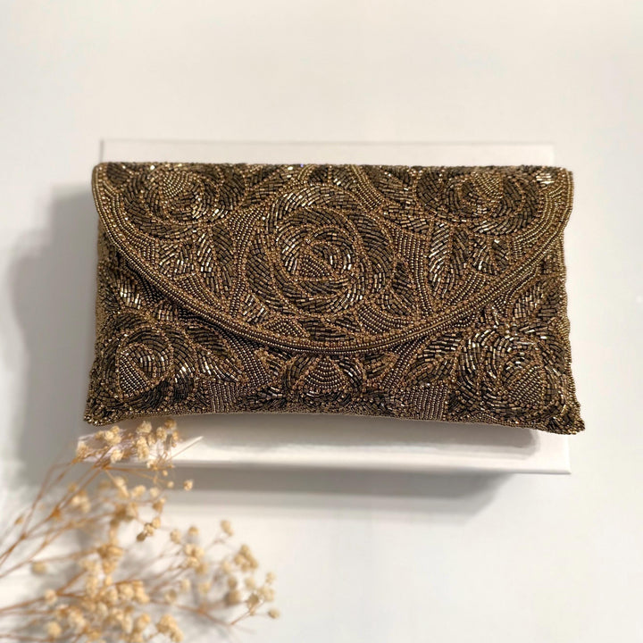 Handmade Antique Bronze Beaded Clutch: Floral Bridal Evening Bag