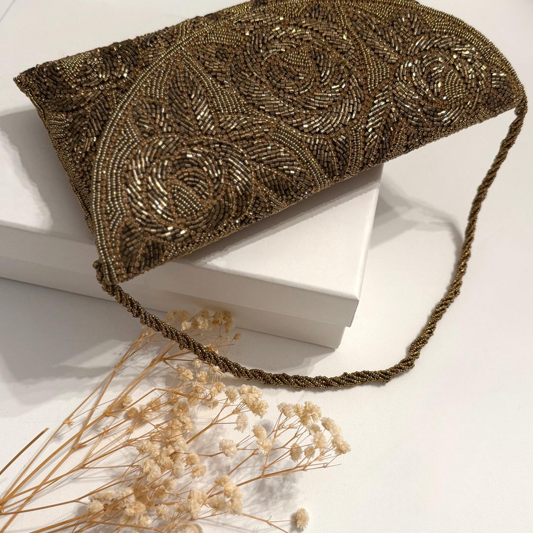 Handmade Antique Bronze Beaded Clutch: Floral Bridal Evening Bag