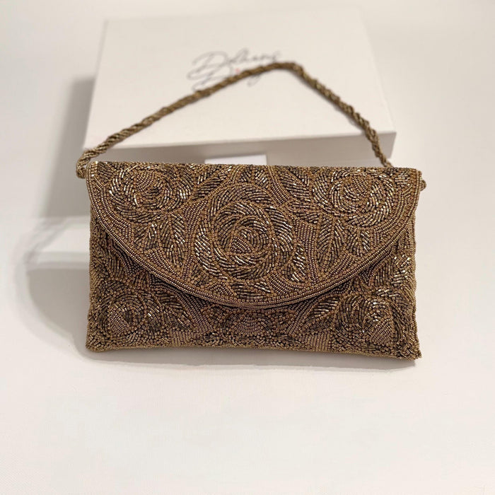 Handmade Antique Bronze Beaded Clutch: Floral Bridal Evening Bag