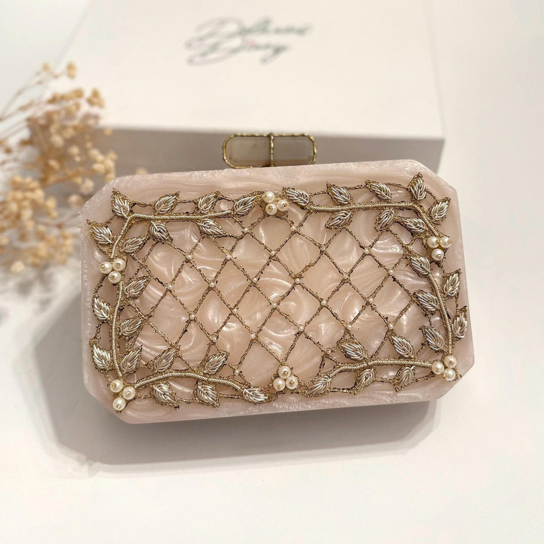 Hand-Embroidered Bridal Clutch: Ivory & Gold Wedding Evening Bag