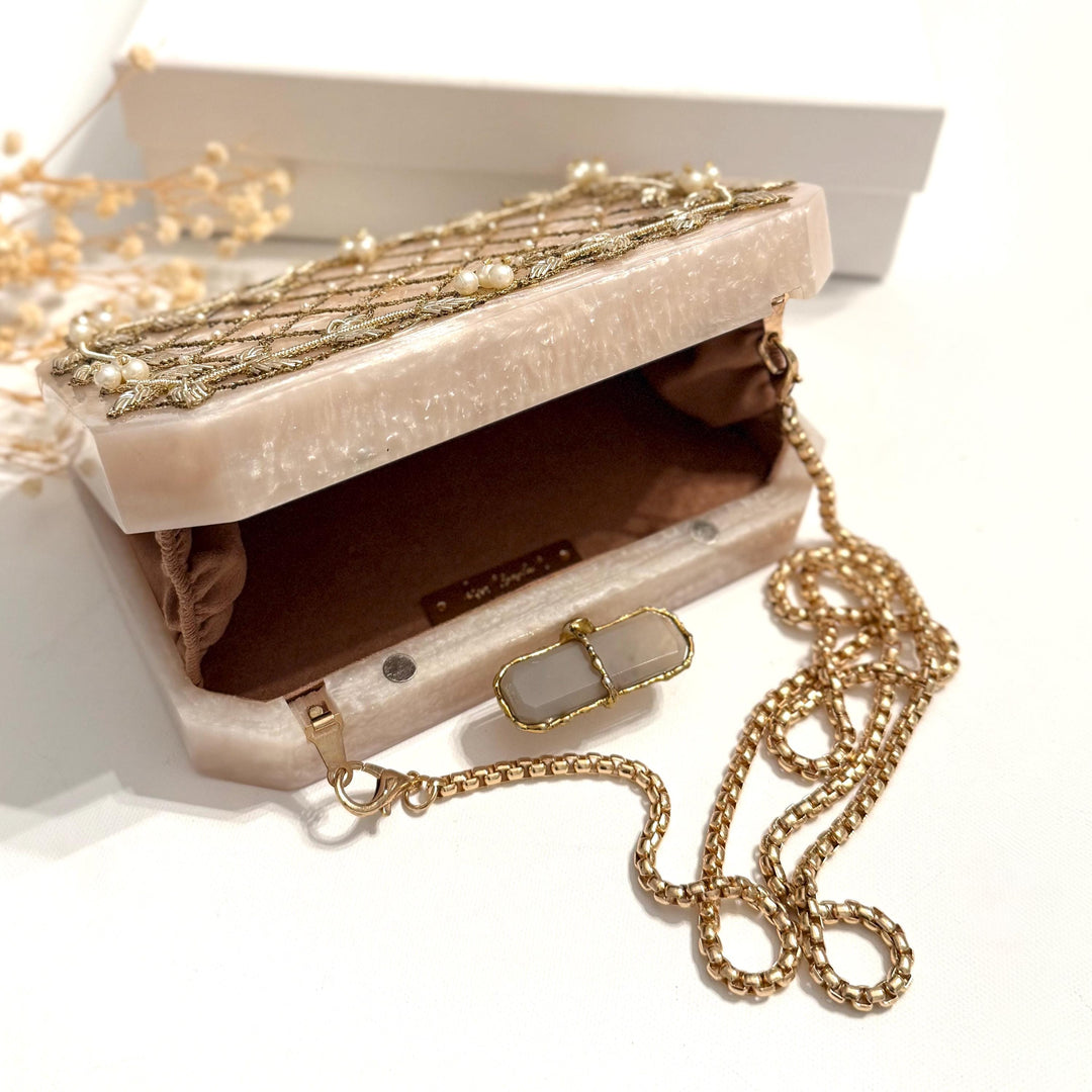 Hand-Embroidered Bridal Clutch: Ivory & Gold Wedding Evening Bag