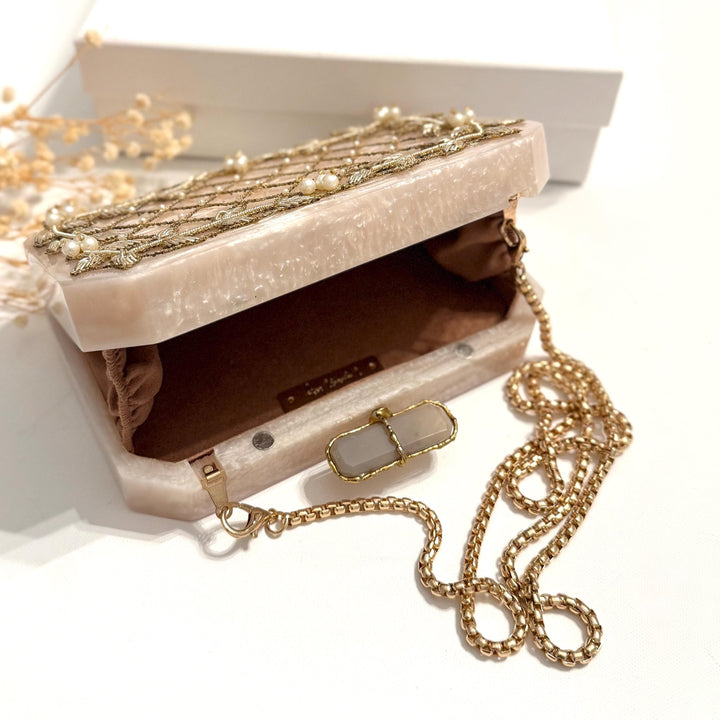 Hand-Embroidered Bridal Clutch: Ivory & Gold Wedding Evening Bag