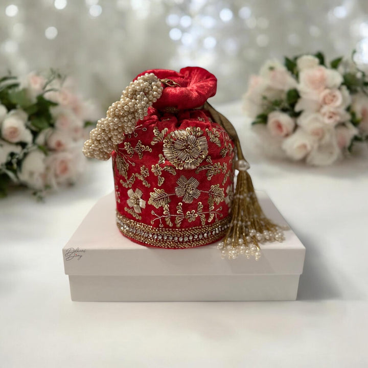Tomato Red Velvet Bridal Potli Bag: Indian Wedding Handbag