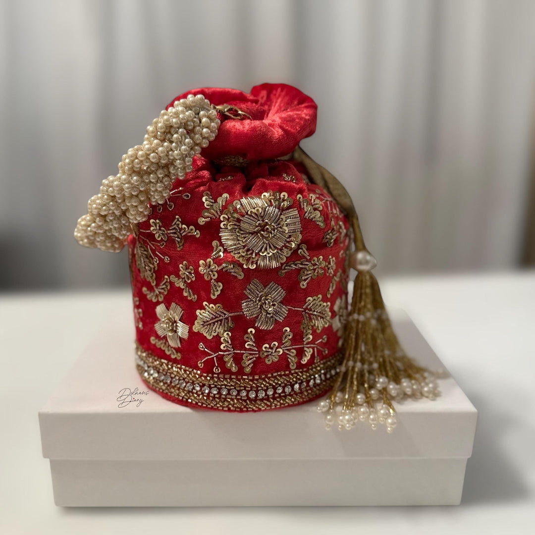 Tomato Red Velvet Bridal Potli Bag: Indian Wedding Handbag