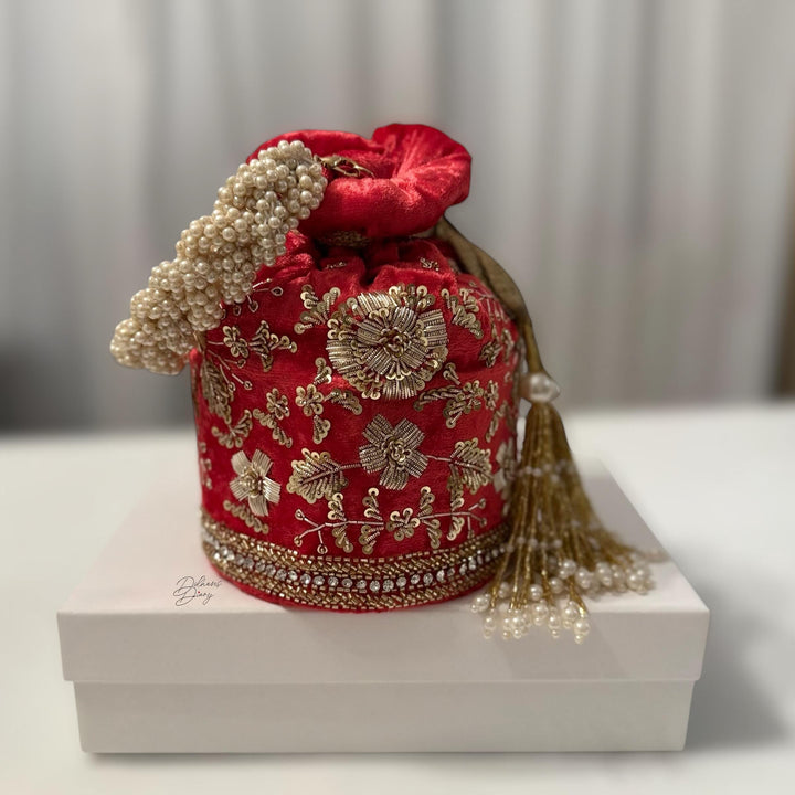 Tomato Red Velvet Bridal Potli Bag: Indian Wedding Handbag