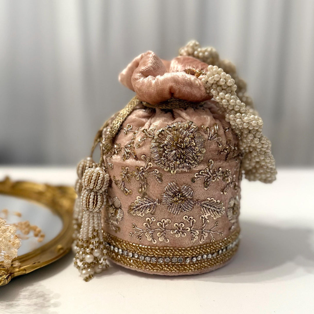 Luxury Bridal Velvet Potli Bag: Pink Zardozi Wedding Purse