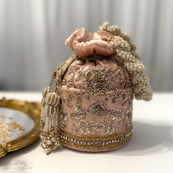 Luxury Bridal Velvet Potli Bag: Pink Zardozi Wedding Purse