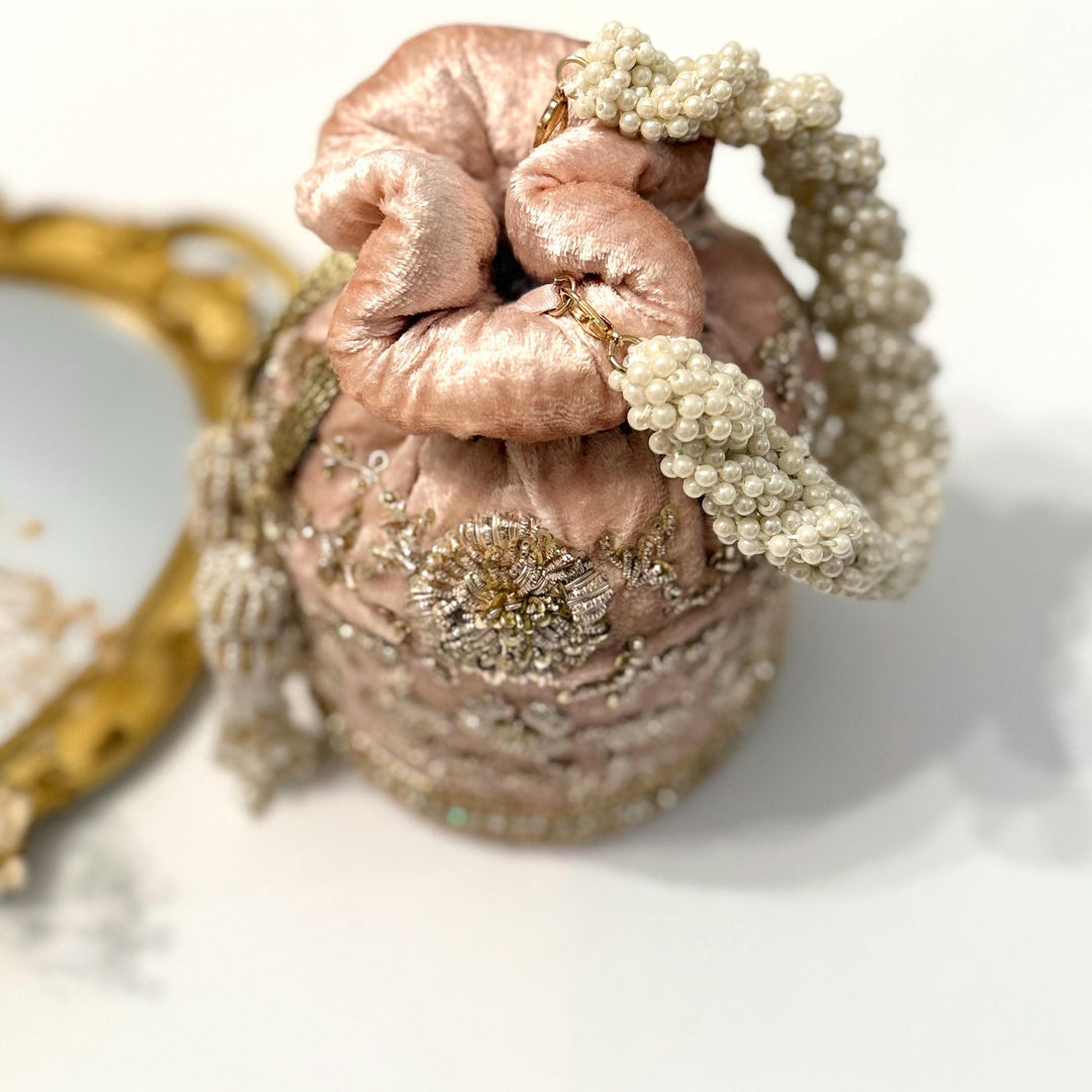Luxury Bridal Velvet Potli Bag: Pink Zardozi Wedding Purse