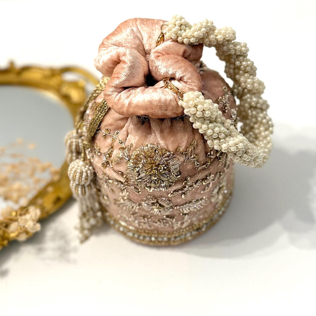 Luxury Bridal Velvet Potli Bag: Pink Zardozi Wedding Purse