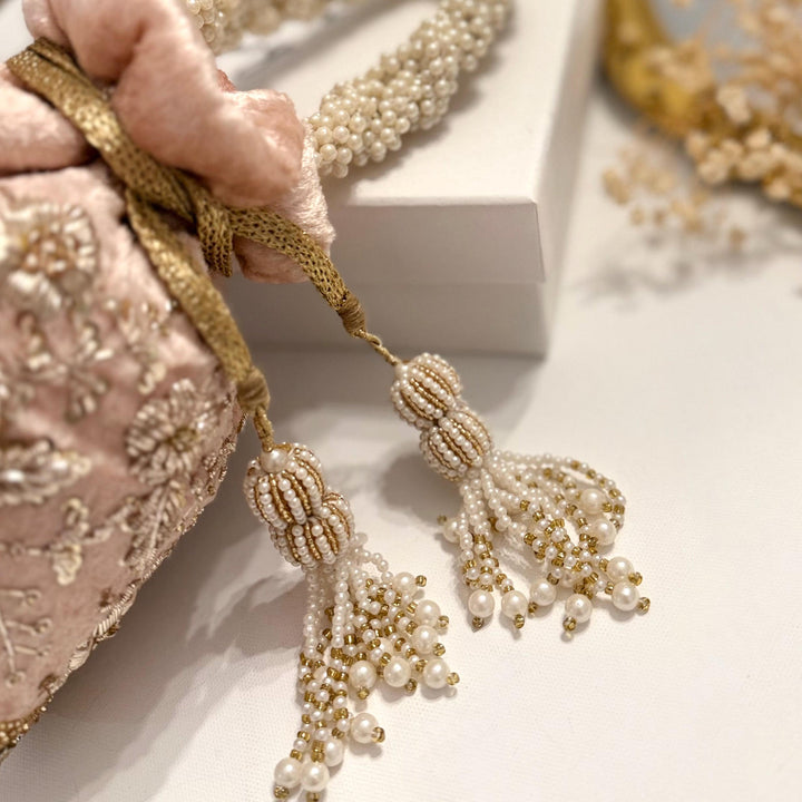 Luxury Bridal Velvet Potli Bag: Pink Zardozi Wedding Purse