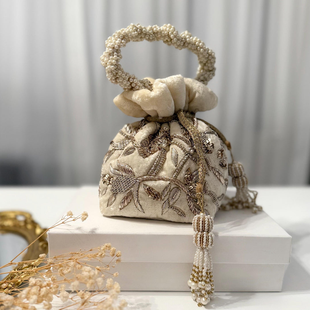 Ivory Velvet Bridal Potli Bag: Handmade Zardozi Beaded Purse