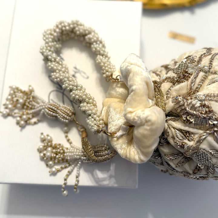 Ivory Velvet Bridal Potli Bag: Handmade Zardozi Beaded Purse