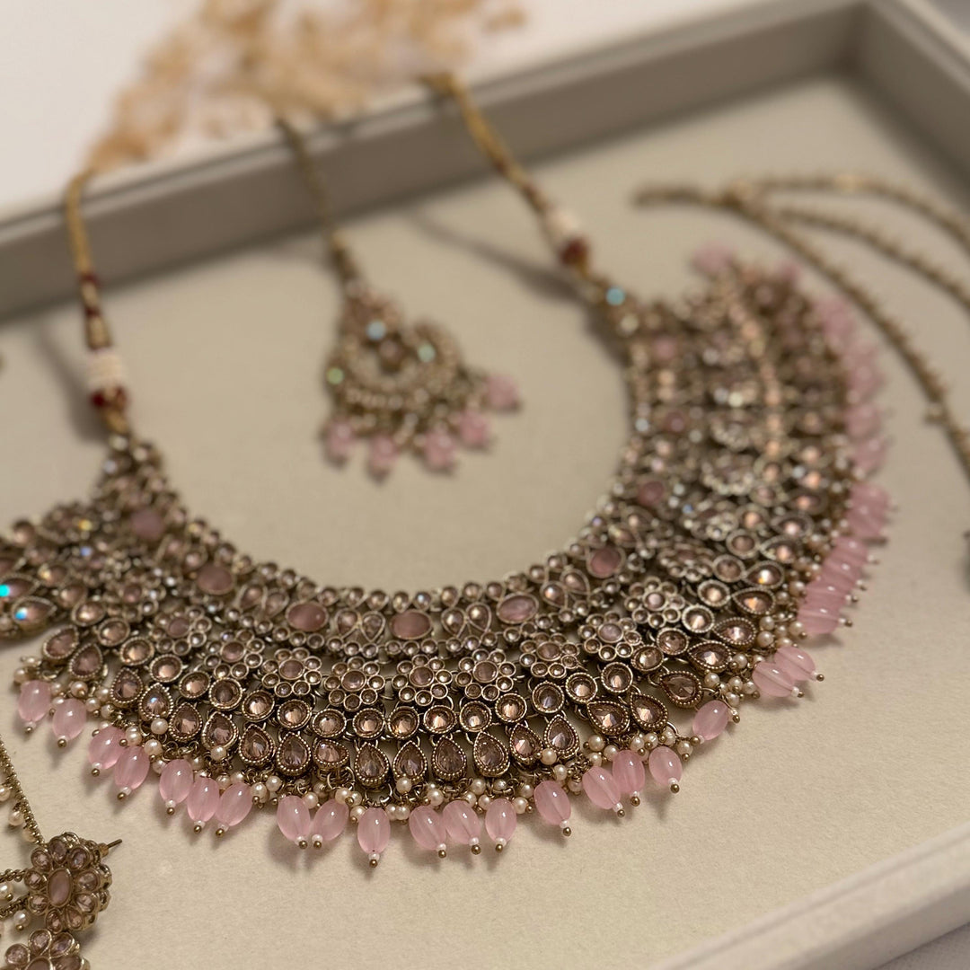 Pink Polki Indian Bridal Jewelry Set: Necklace, Earrings, Sahara & Maang Tikka