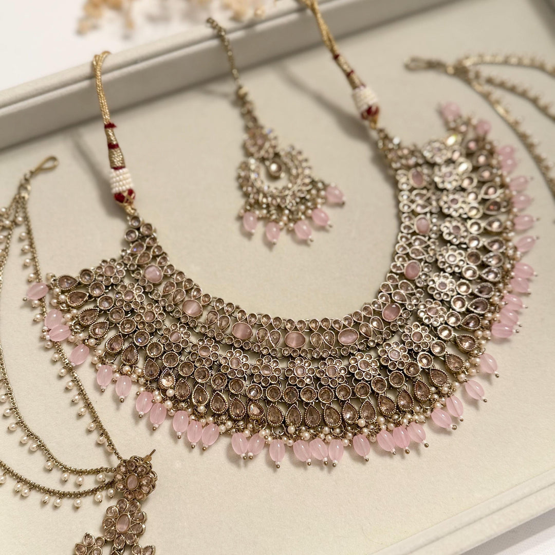 Pink Polki Indian Bridal Jewelry Set: Necklace, Earrings, Sahara & Maang Tikka