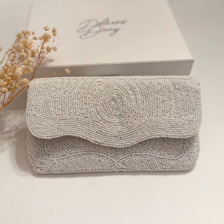 Handmade Beaded White Clutch: Bridal Wedding Purse with Straps