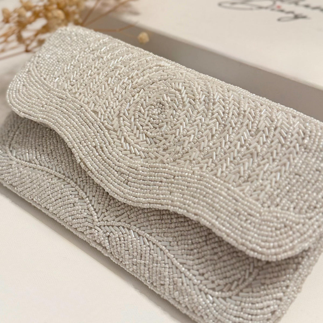 Handmade Beaded White Clutch: Bridal Wedding Purse with Straps