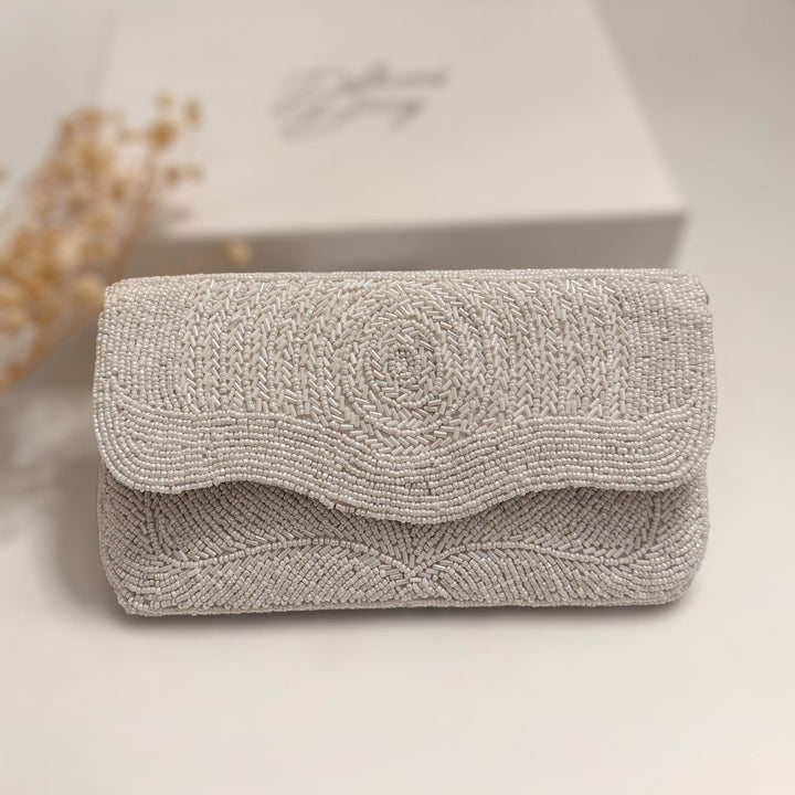 Handmade Beaded White Clutch: Bridal Wedding Purse with Straps