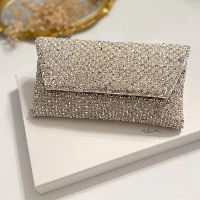 Beaded Bridal Clutch: Silver Crystal Wedding Evening Bag
