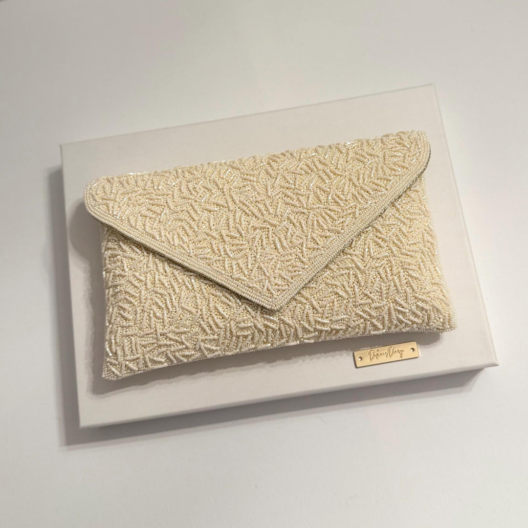 Ivory Beaded Bridal Clutch: Wedding Evening Bag with Chain