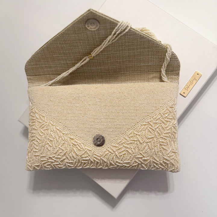 Ivory Beaded Bridal Clutch: Wedding Evening Bag with Chain