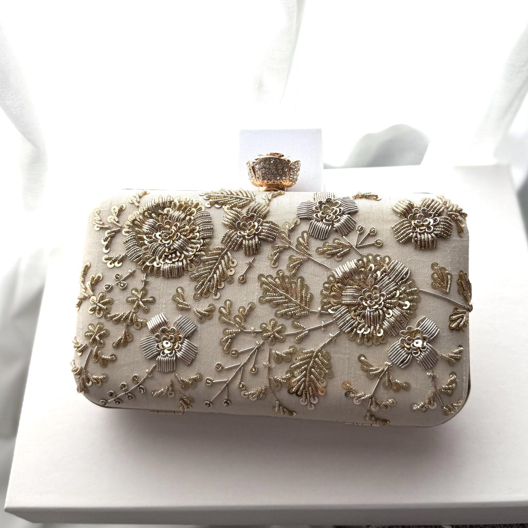 Ivory Bridal Clutch: Zardosi Silk Wedding Bag with Rose Clasp