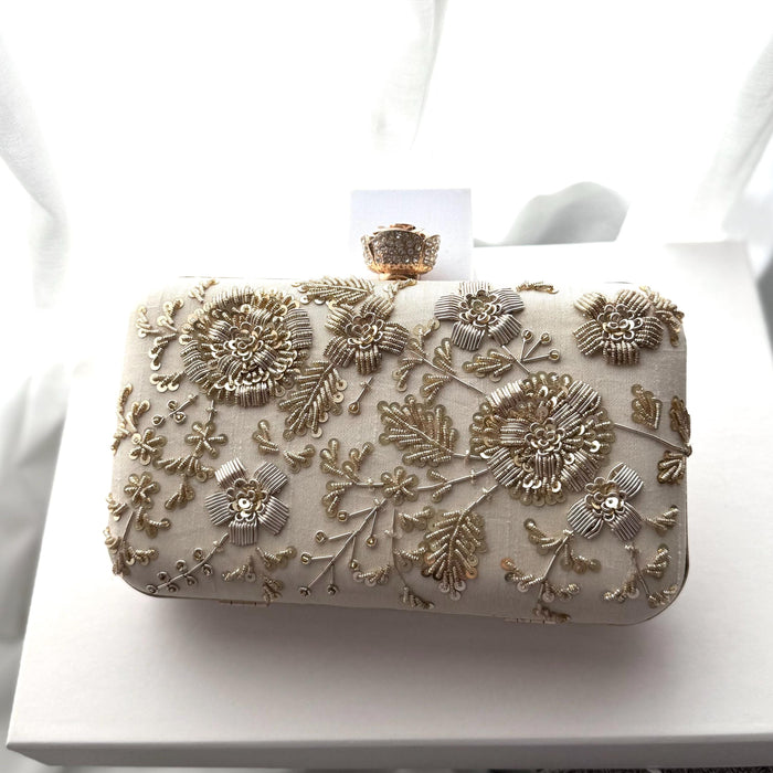 Ivory Bridal Clutch: Zardosi Silk Wedding Bag with Rose Clasp