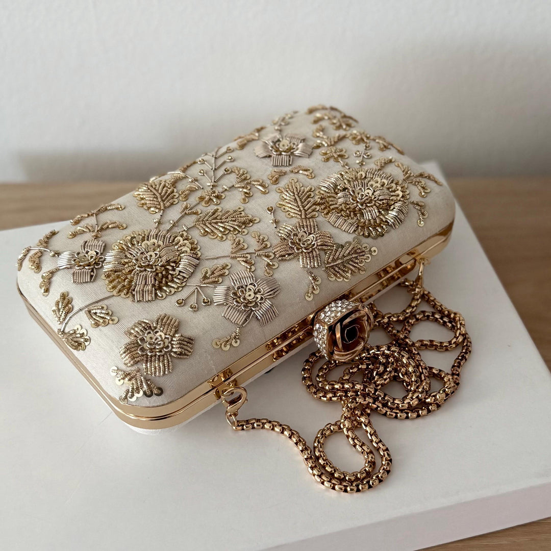 Ivory Bridal Clutch: Zardosi Silk Wedding Bag with Rose Clasp