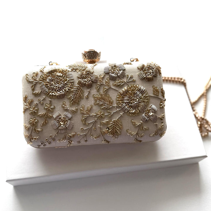 Ivory Bridal Clutch: Zardosi Silk Wedding Bag with Rose Clasp