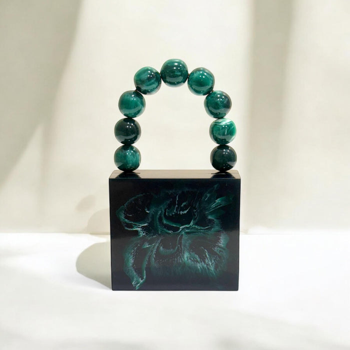 Emerald Green Resin Clutch: Beaded Strap Mini Evening Bag