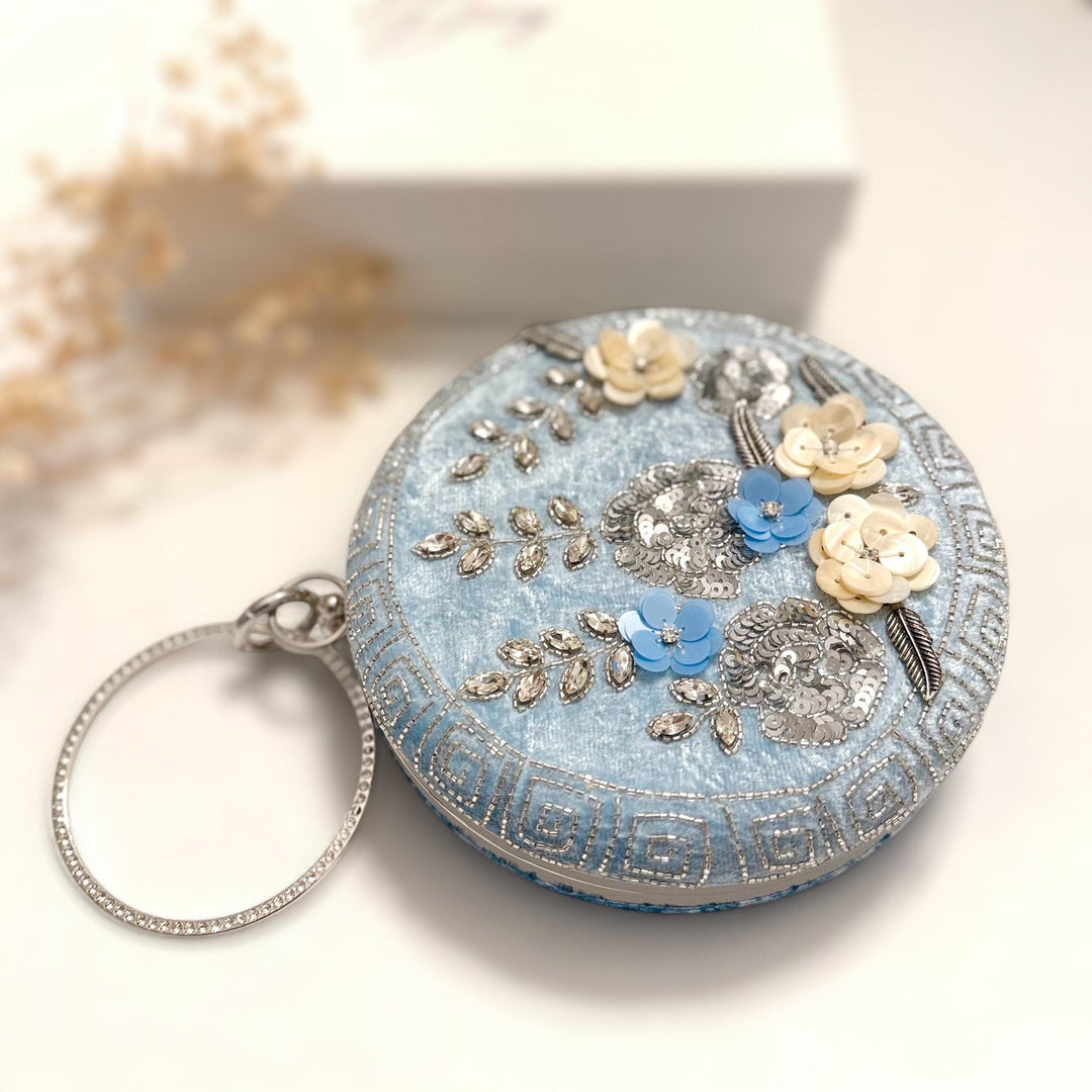 Powder Blue Bridal Clutch: Handmade Beaded Floral Velvet Evening Bag