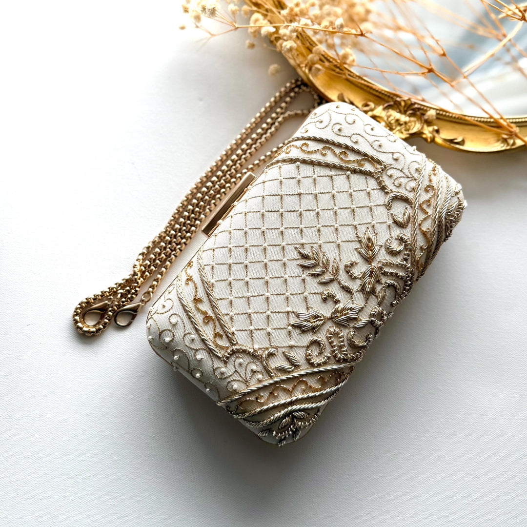 Ivory Beaded Bridal Clutch: Raw Silk Wedding Evening Bag
