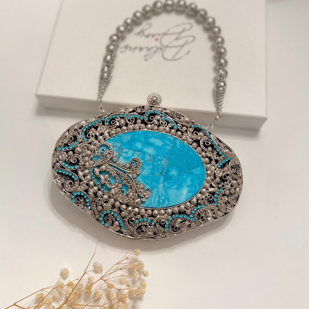 Handmade Turquoise Gemstone Clutch: Silver Plated Floral Evening Bag