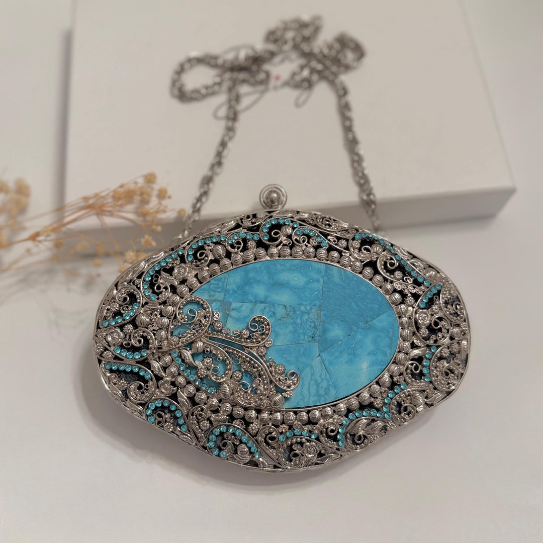Handmade Turquoise Gemstone Clutch: Silver Plated Floral Evening Bag