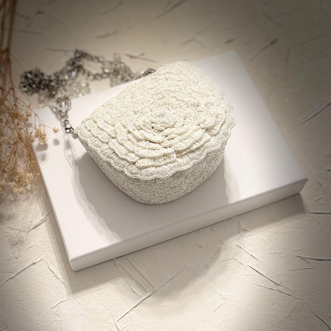 Ivory Beaded Bridal Clutch: 3D Flower Wedding Evening Bag
