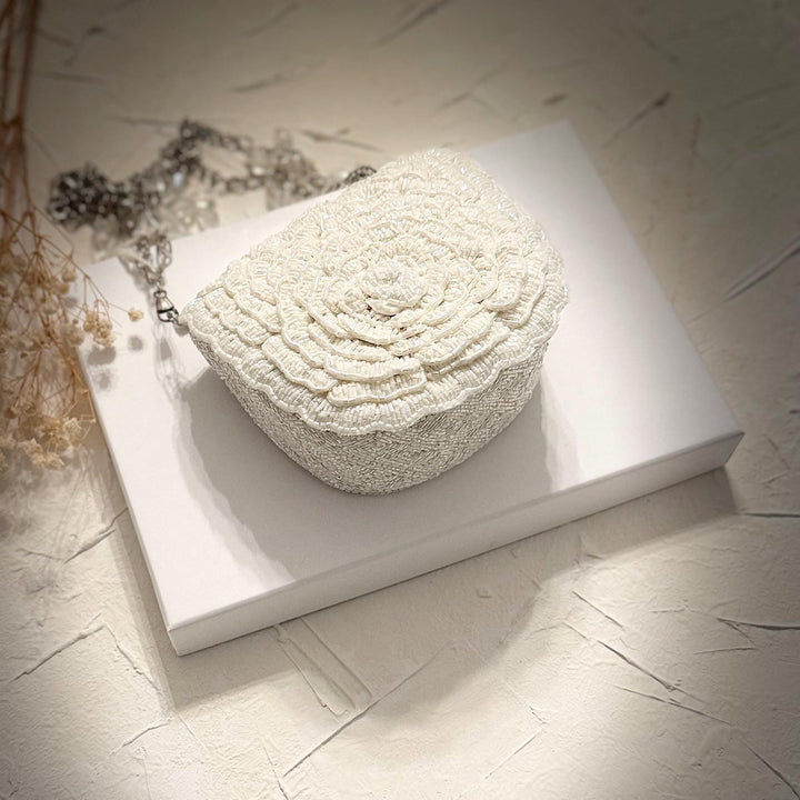 Ivory Beaded Bridal Clutch: 3D Flower Wedding Evening Bag