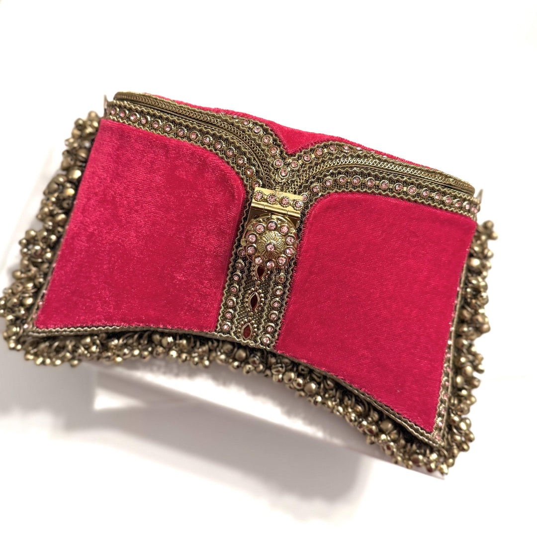 Handmade Ruby Velvet Bridal Clutch: Gold-Tone Pearl Evening Bag