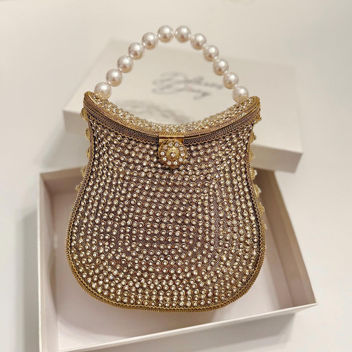 Handmade Gold Crystal Bridal Clutch: Pearl Handle Wedding Evening Bag