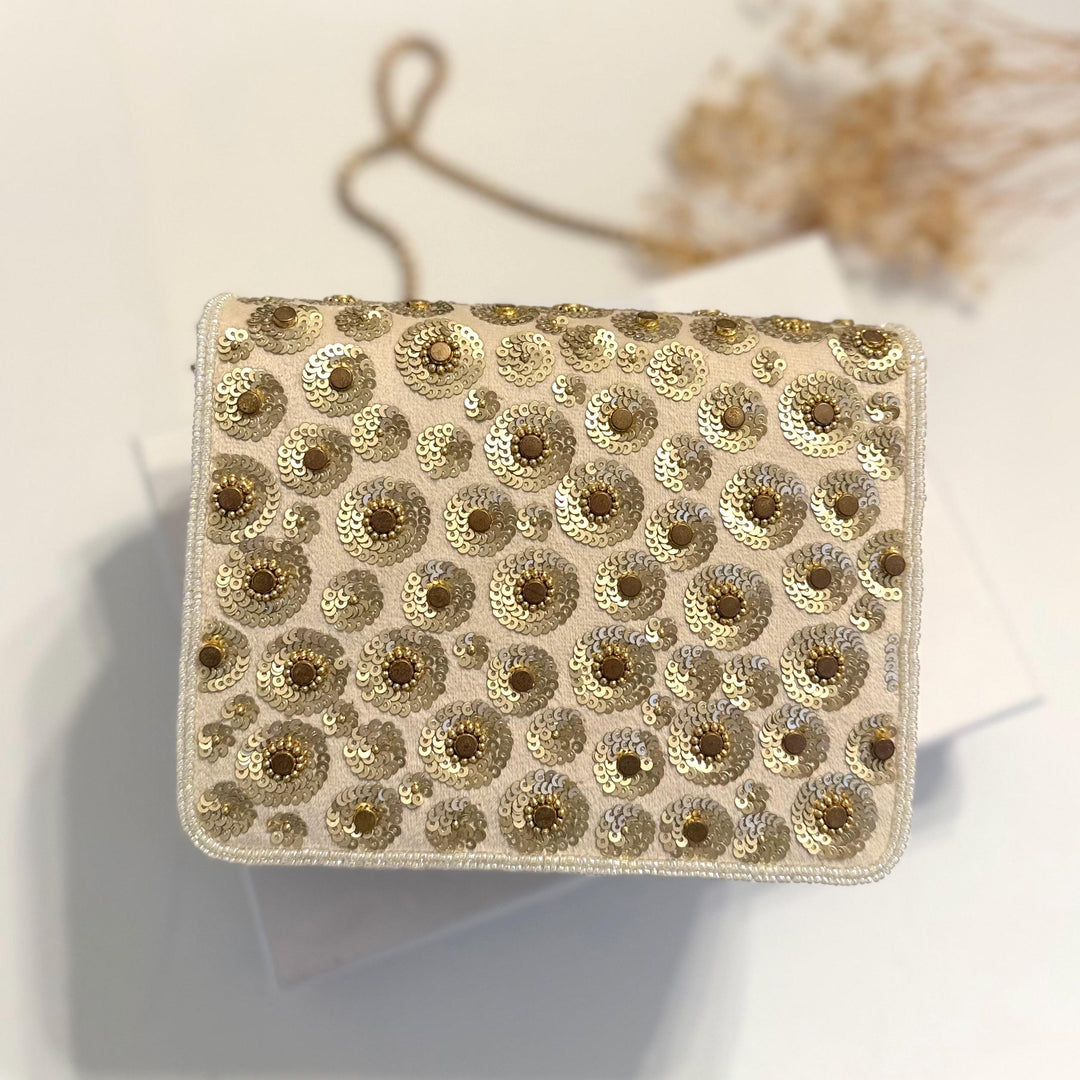 Ivory Suede Crossbody Clutch: Bridal Evening Bag with Gold Chain