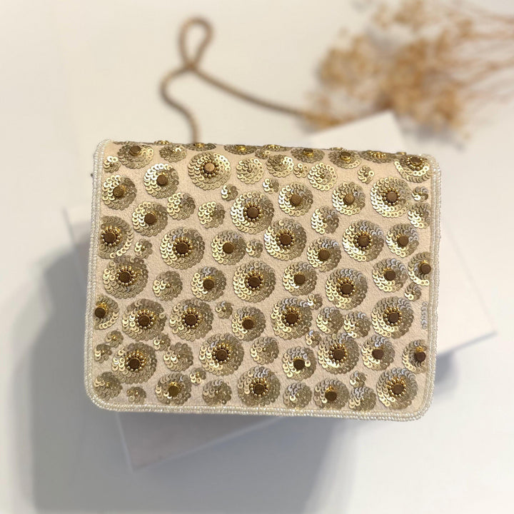 Ivory Suede Crossbody Clutch: Bridal Evening Bag with Gold Chain