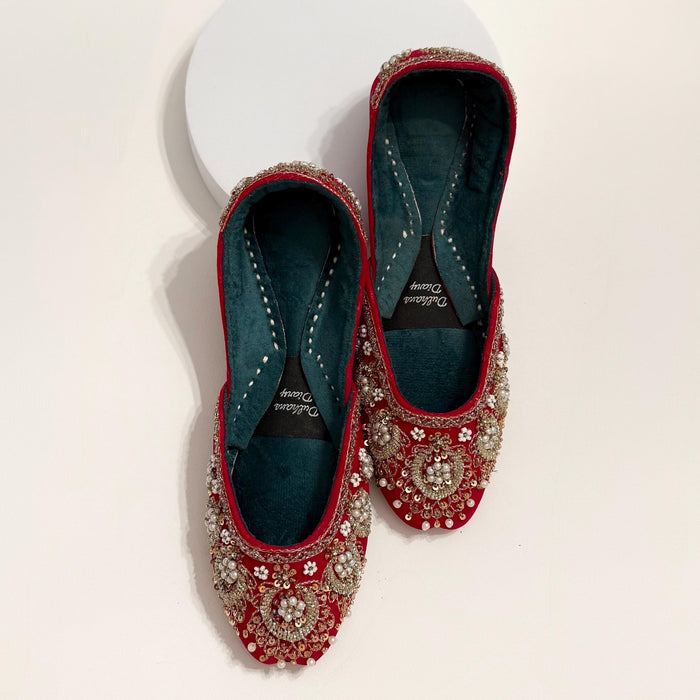 Red Velvet Bridal Khussa Jutti: Wedding Shoes