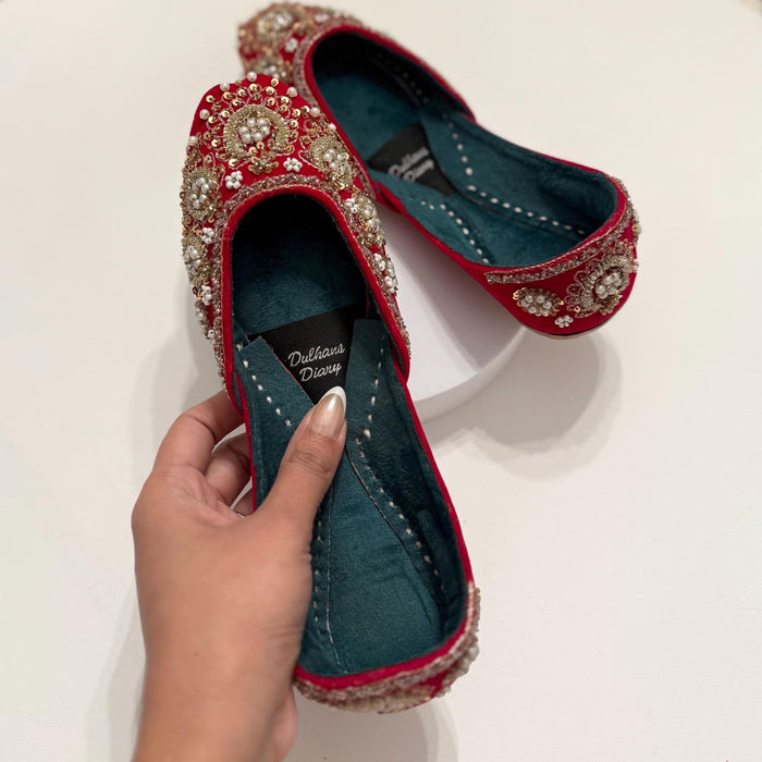 Red Velvet Bridal Khussa Jutti: Wedding Shoes