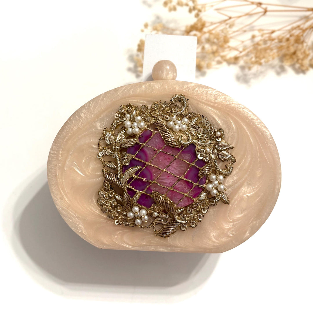 Purple Resin Bridal Clutch | Hand-Embroidered Evening Purse