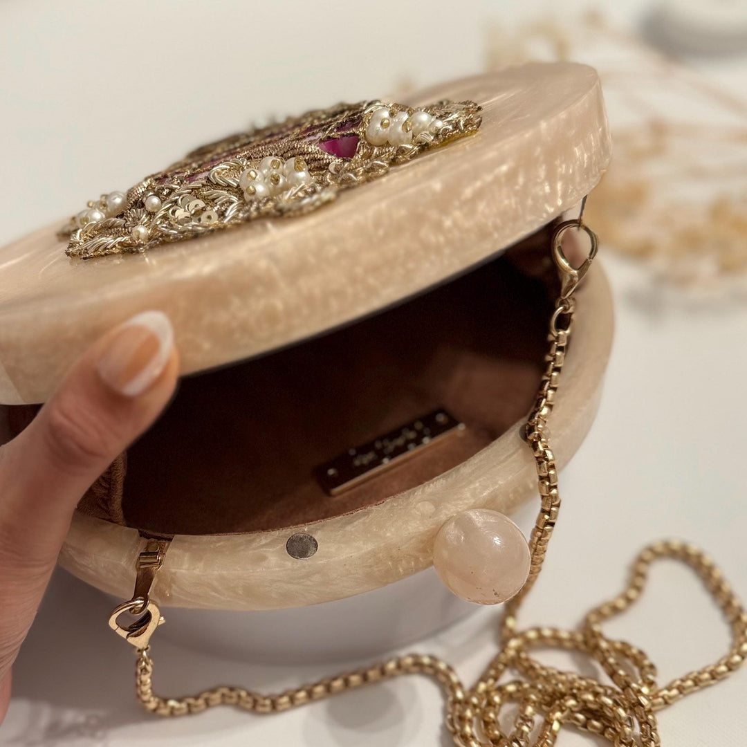 Purple Resin Bridal Clutch | Hand-Embroidered Evening Purse