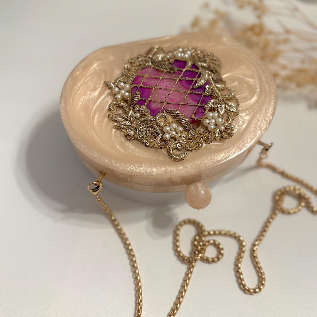 Purple Resin Bridal Clutch | Hand-Embroidered Evening Purse