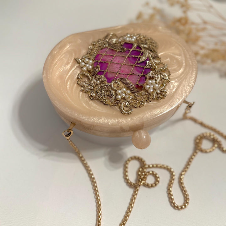 Purple Resin Bridal Clutch | Hand-Embroidered Evening Purse